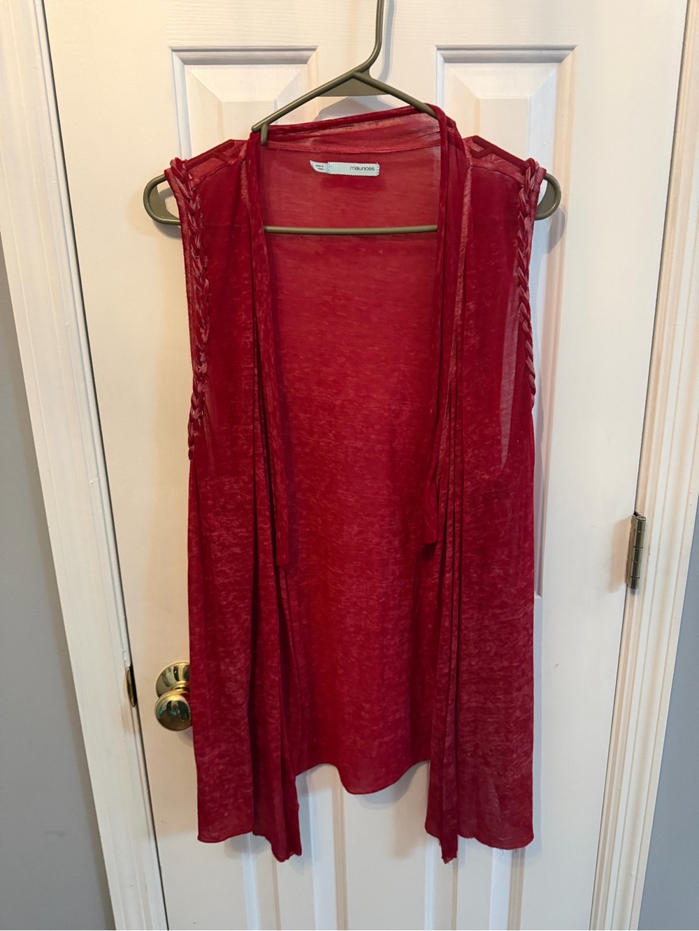 Maurices Crimson Open-Front Sleeveless Vest with Braided Shoulders